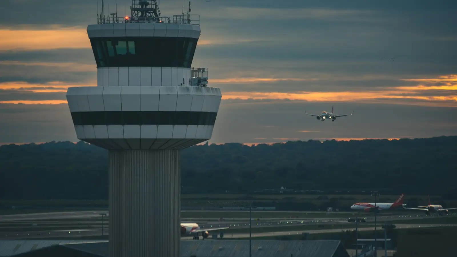 The Gatwick control tower at sunset